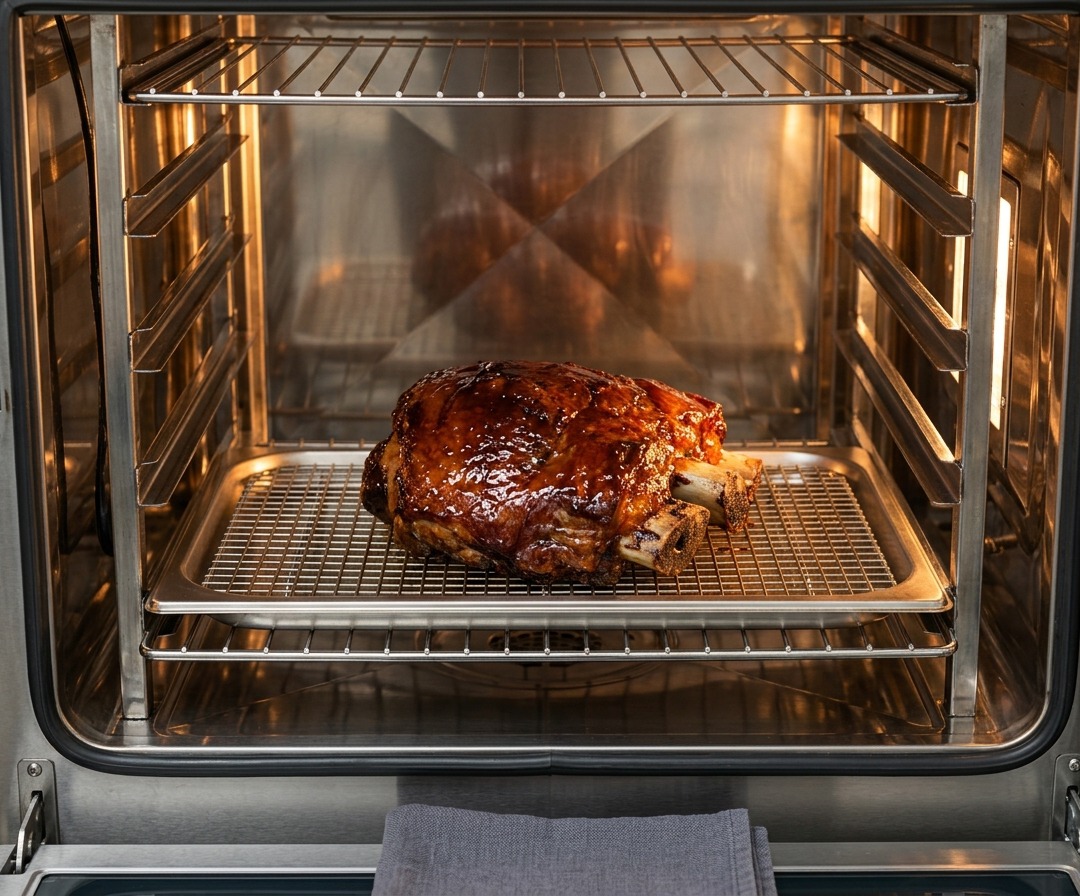 Costine glassate con salsa BBQ su una griglia allinterno di un forno acceso durante lultima fase di cottura.