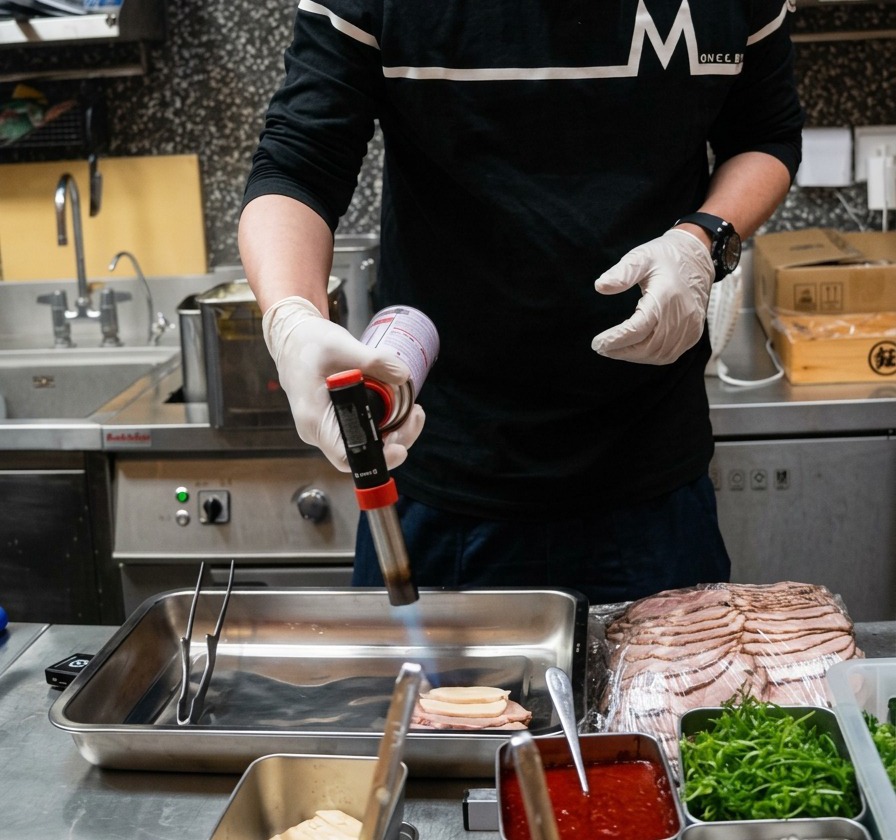Una persona che usa un cannello da cucina per scottare fette di maiale su un vassoio di metallo.