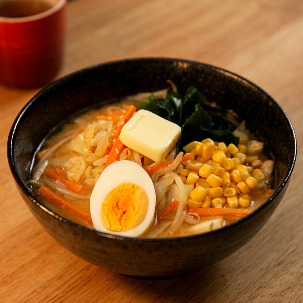 Un cucchiaio di chicchi di mais in scatola aggiunto come guarnizione al ramen.