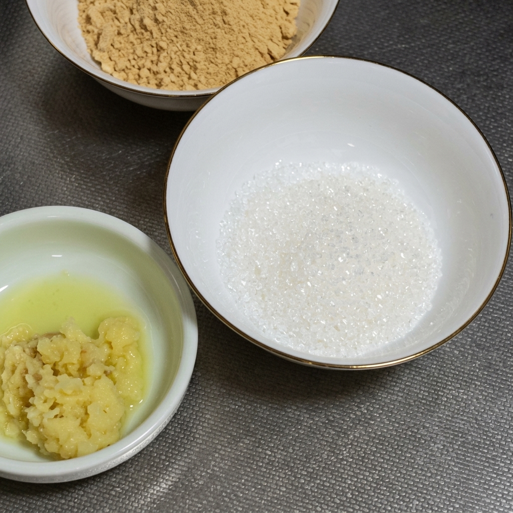 Un primo piano di una ciotola bianca contenente un cucchiaio di pasta di miso rosso con aglio tritato e zenzero fresco.