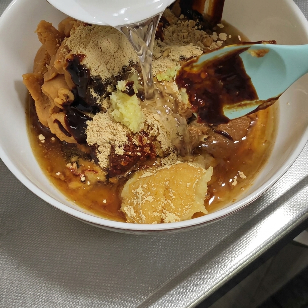 Acqua bollente versata da un bollitore in una ciotola mentre le bacchette mescolano il composto di miso.