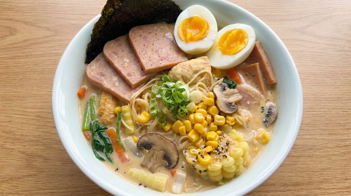Una ciotola di ramen al miso, burro e mais guarnita con uovo barzotto, carne in scatola, nori e mais dolce.