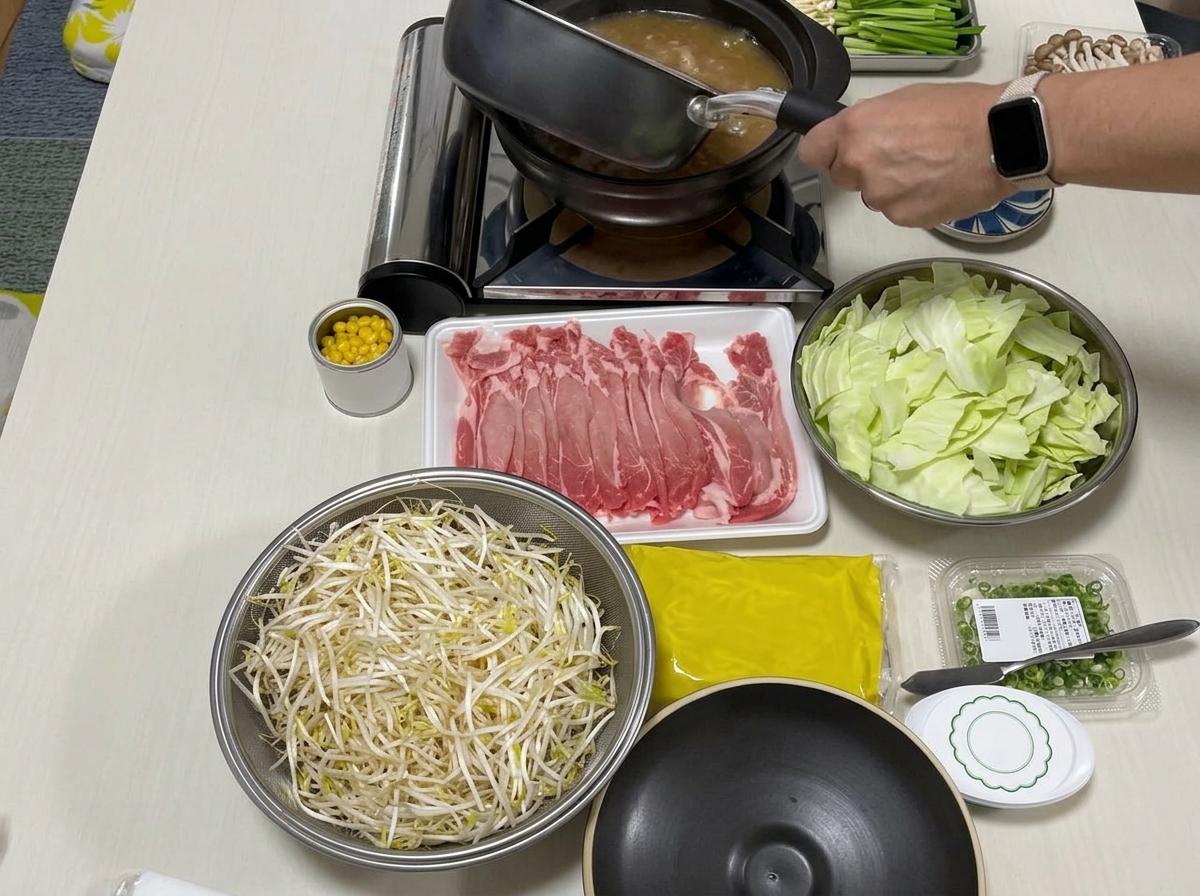 Primo piano di un mestolo che versa un ricco brodo dorato in una pentola piena di verdure vivaci, carne a fette e noodles.