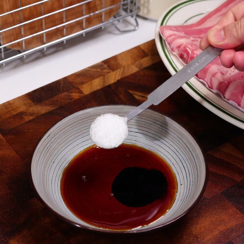 Una mano usa un cucchiaio dosatore per aggiungere una polvere bianca in una ciotola con salsa scura.
