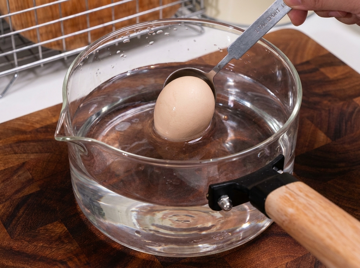 Un uovo intero immerso delicatamente con un cucchiaio in un pentolino di vetro con acqua calda.