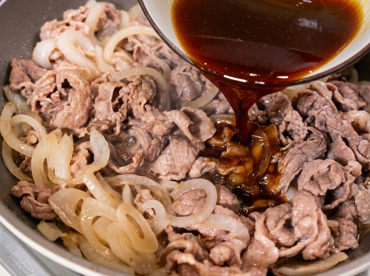 Salsa scura versata da una ciotola sopra la carne e le cipolle in padella.