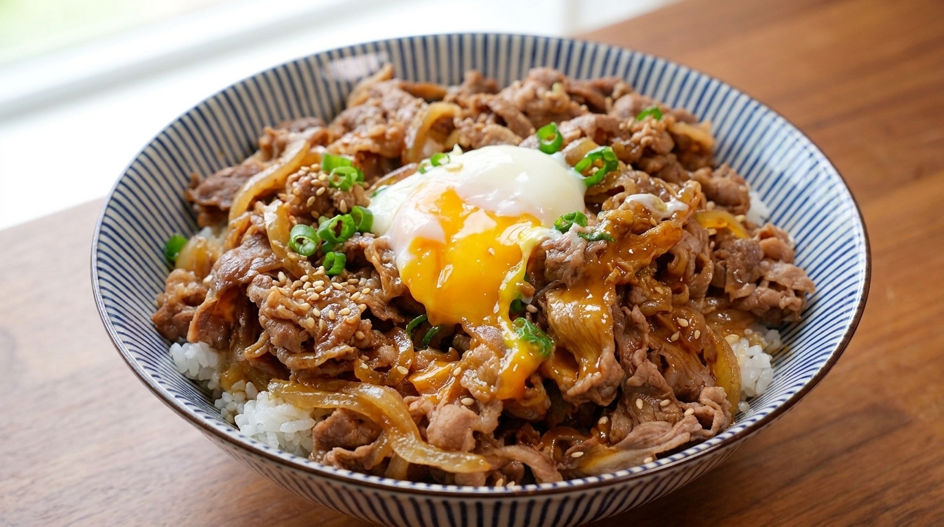 Una ciotola di Gyudon giapponese con manzo tenero, cipolle caramellate e un uovo morbido su riso soffice.