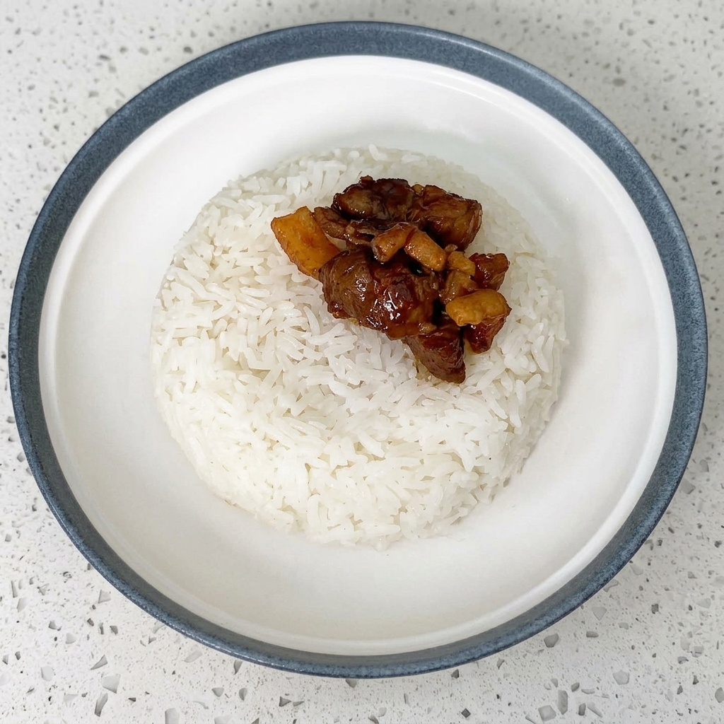 Manzo e salsa adagiati su un letto di riso bianco.
