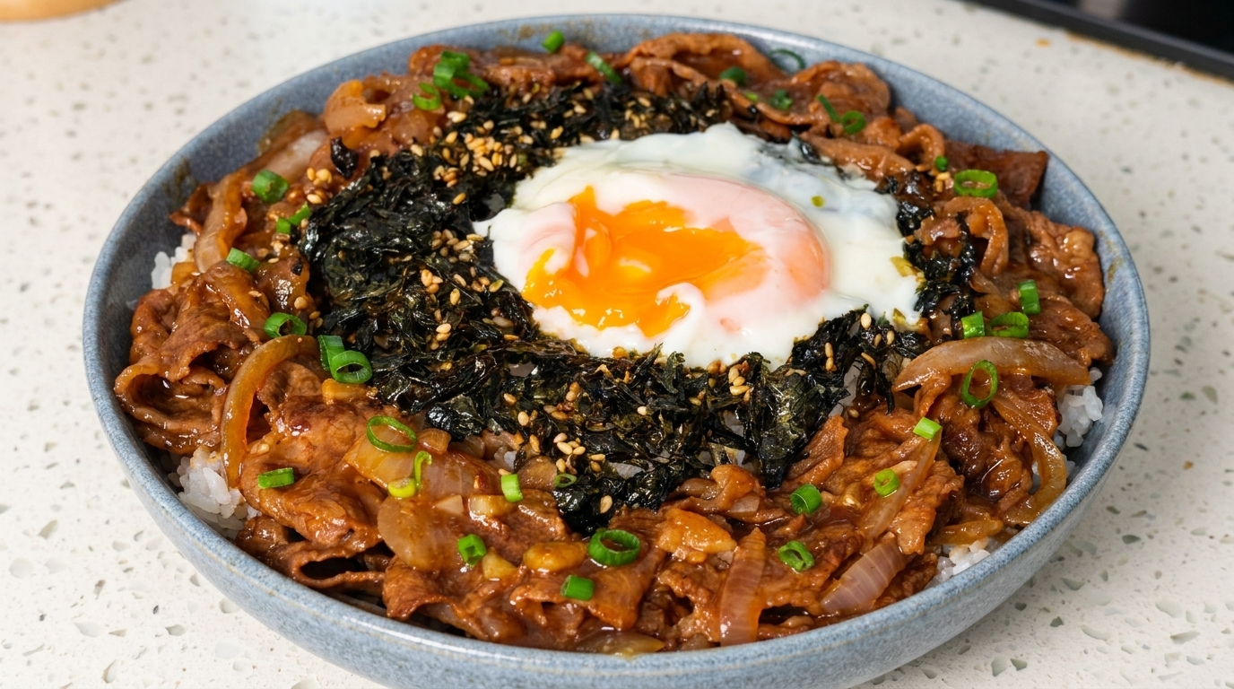 Gyudon: Ciotola di riso giapponese con manzo e uovo morbido