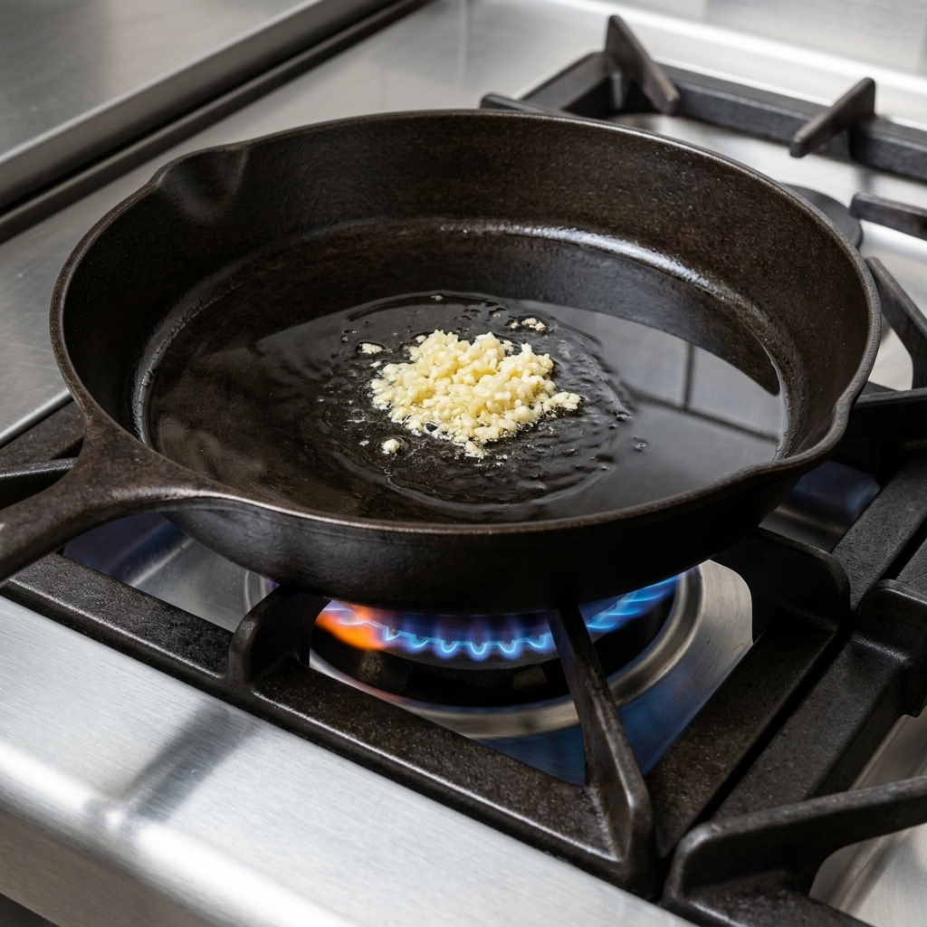 Aglio e cipolla tritati che sfrigolano in padella con un filo dolio.