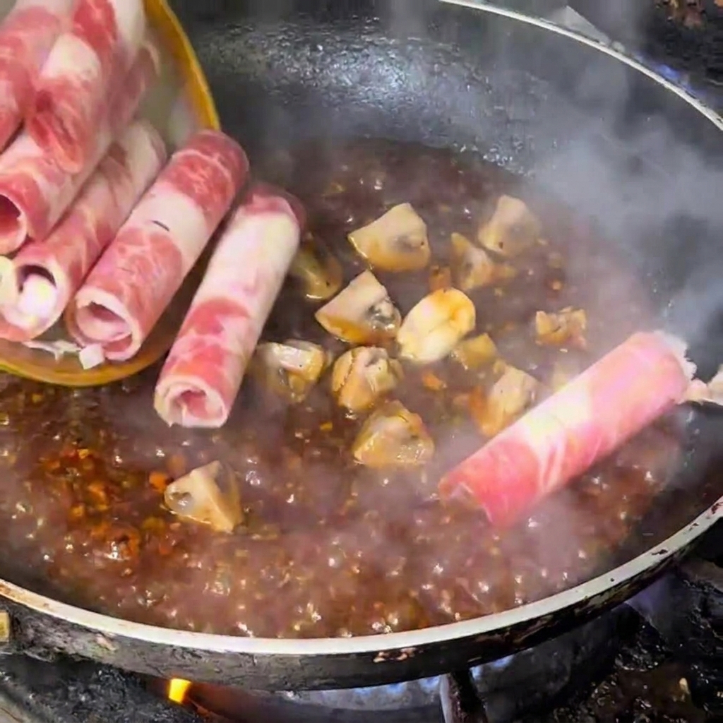 Fette di manzo snowflake aggiunte nella padella con la salsa e i funghi.
