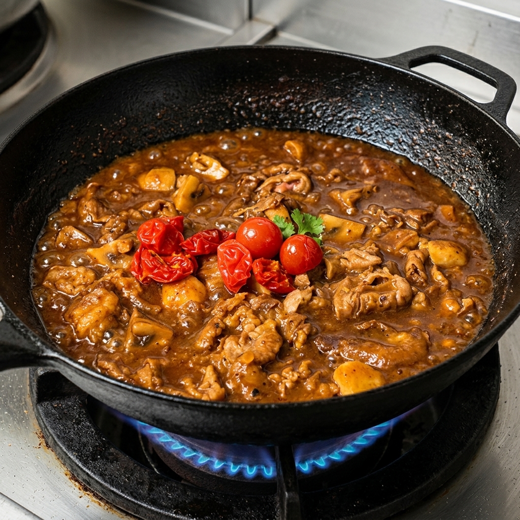 Pomodorini aggiunti alla padella con manzo, funghi e salsa.