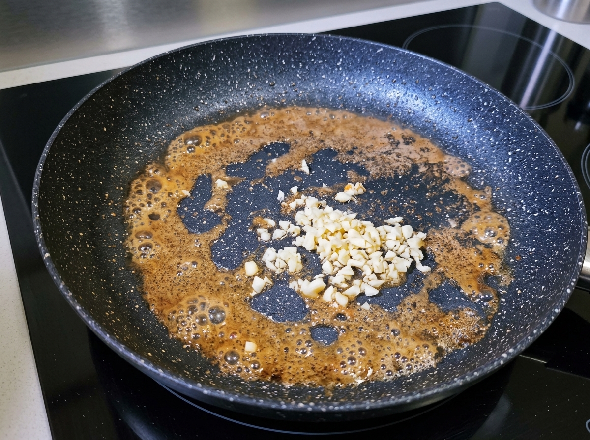 Aglio, pomodori e peperoni che cuociono in padella.