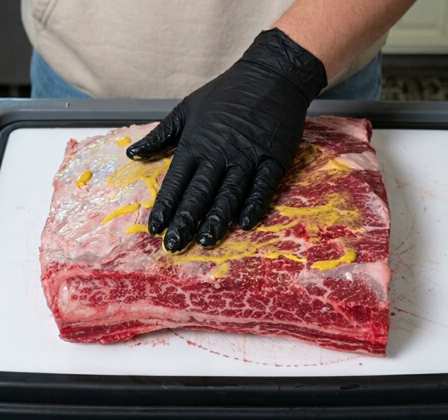Una mano guantata spalma uniformemente della senape gialla su un pezzo di costine di manzo su un tagliere bianco.