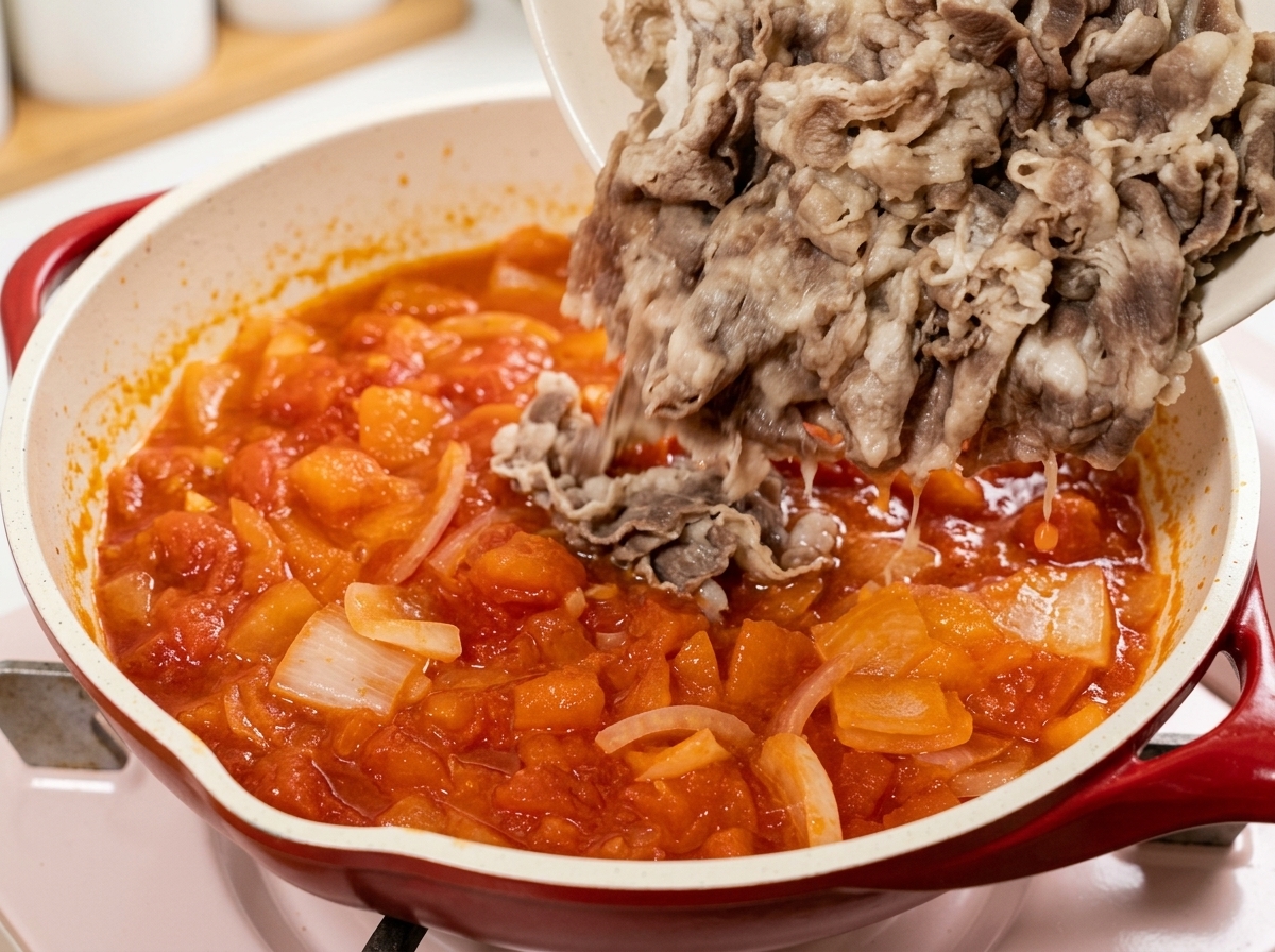 Il manzo sbollentato versato in padella con il mix di pomodoro e cipolla.