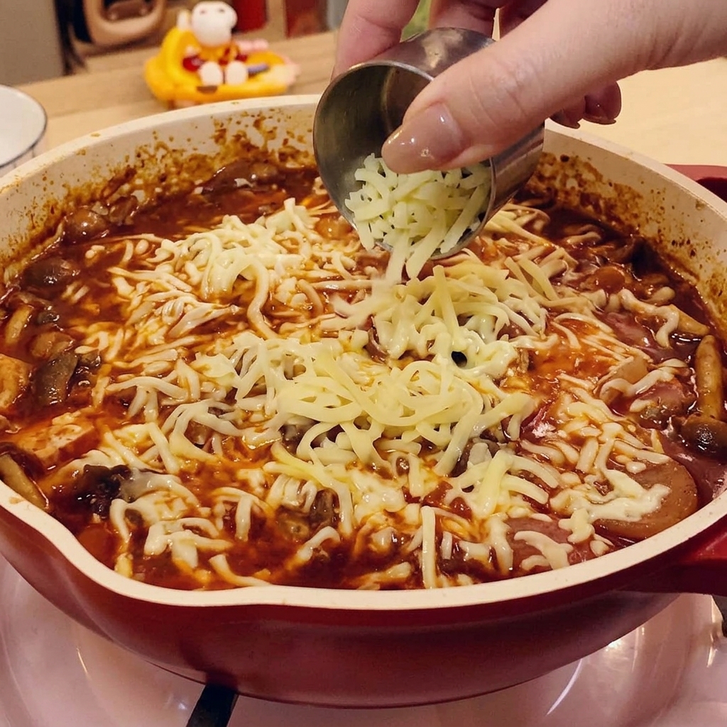 La padella riempita con il mix di manzo e riso coperta con un coperchio di legno sul fornello.