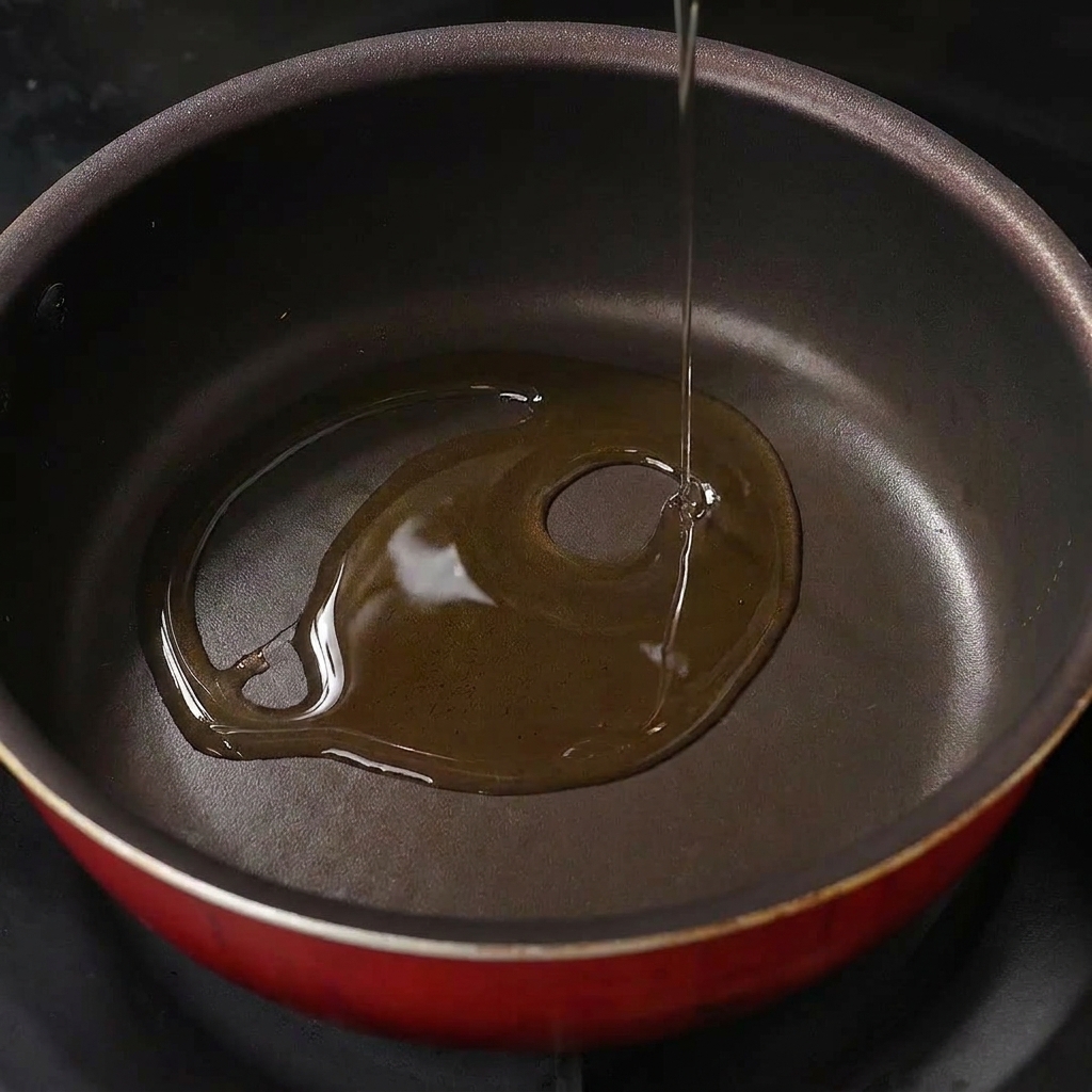 Olio di semi versato in una piccola padella antiaderente rossa sul fornello.