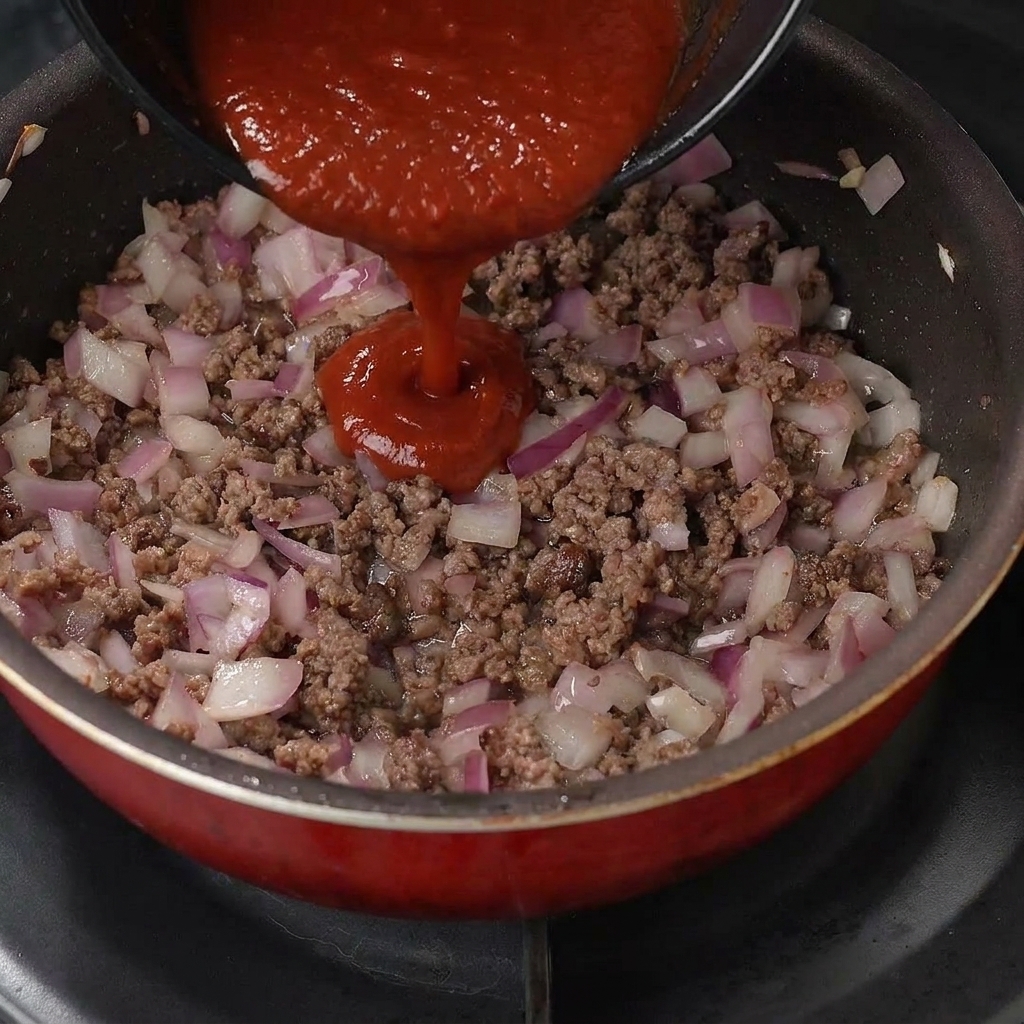 Salsa rossa saporita versata sopra il manzo e le cipolle in padella.