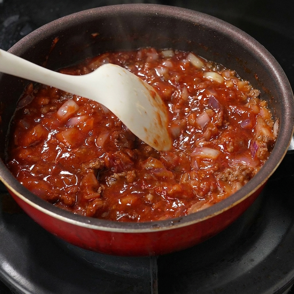 Uova sbattute versate nella padella con il manzo e la salsa, pronte per essere coperte.