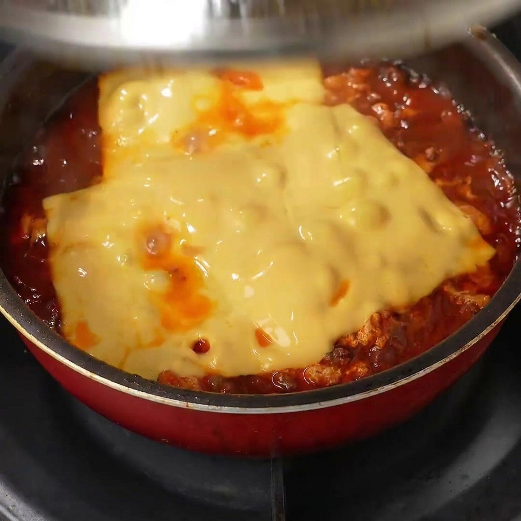 Il piatto finito di manzo e formaggio fuso in padella, guarnito con una spolverata di semi di sesamo nero.