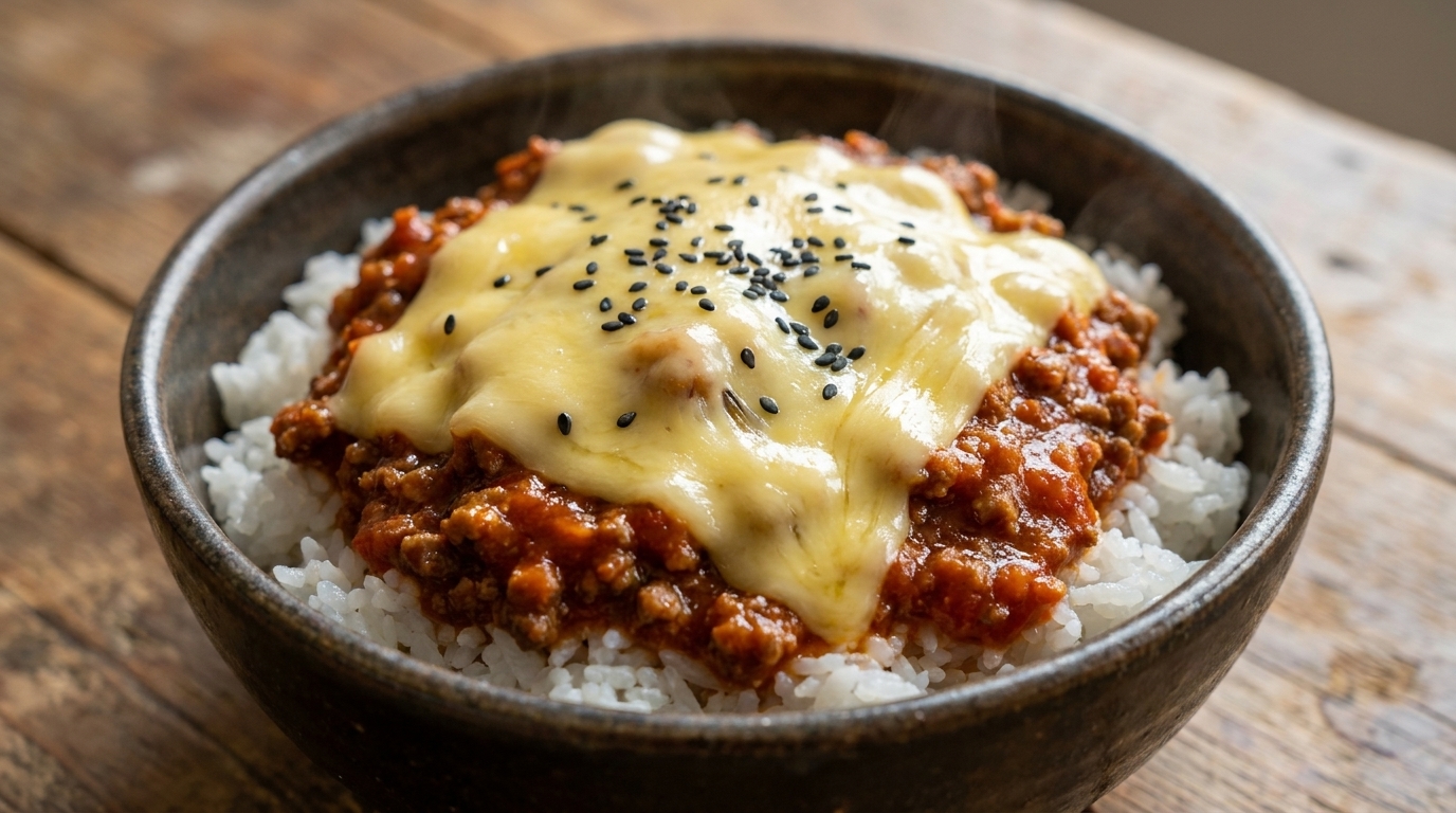 Bowl di riso con manzo saporito e formaggio
