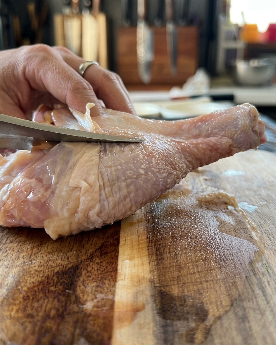 Una coscia di pollo cruda che viene disossata con un coltello affilato su una superficie di legno.