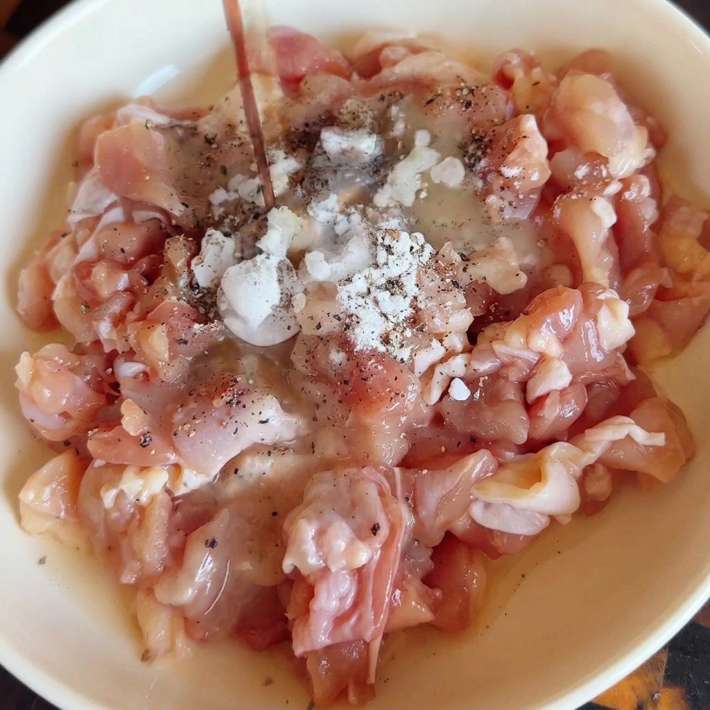 Una ciotola contenente pollo crudo a cubetti con salsa di soia e spezie aggiunte.