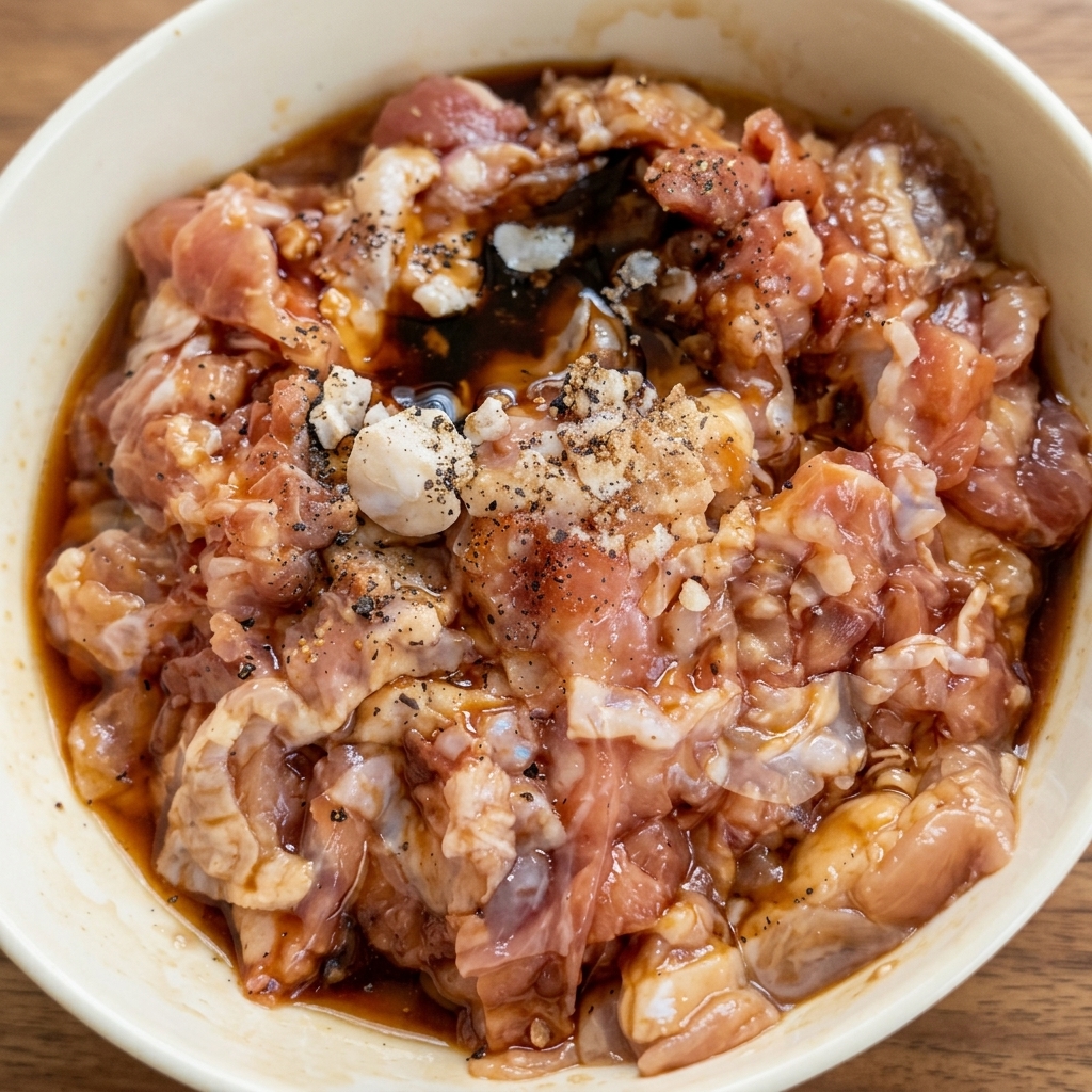 Pezzi di pollo marinati mescolati a mano in una ciotola bianca.