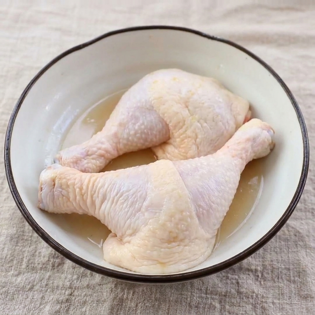 Cosce di pollo crude preparate rimuovendo le ossa con le forbici da cucina.