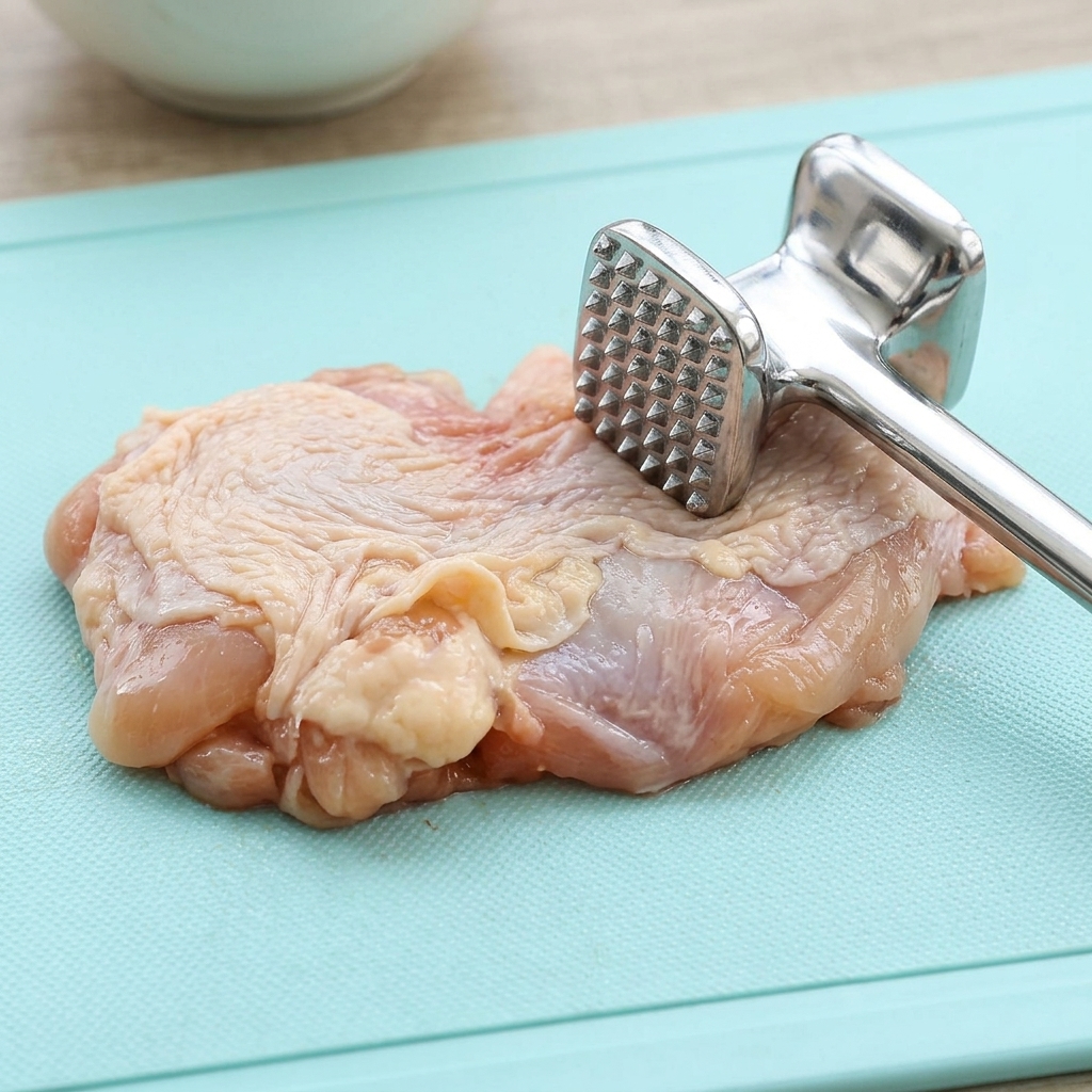 Una coscia di pollo cruda su un tagliere blu mentre viene battuta con un batticarne in metallo.