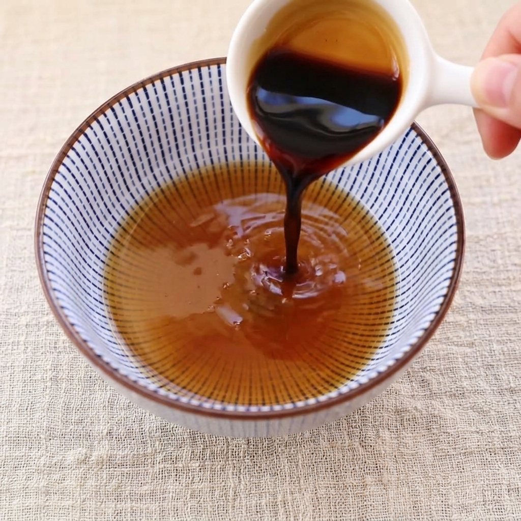 Salsa scura versata da un piccolo contenitore bianco in una ciotola decorata contenente altri liquidi.