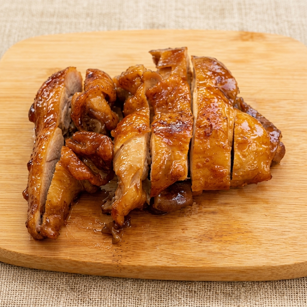 Coscia di pollo cotta che viene tagliata a strisce uniformi su un tagliere di legno.