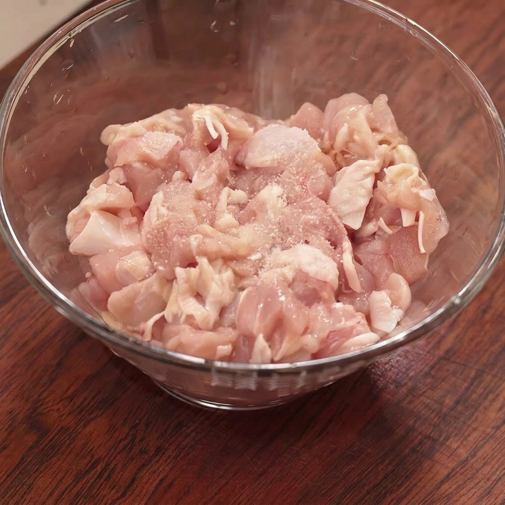 Pollo tritato crudo in una ciotola di vetro cosparso di sale, fecola di mais e condimenti prima di essere mescolato.