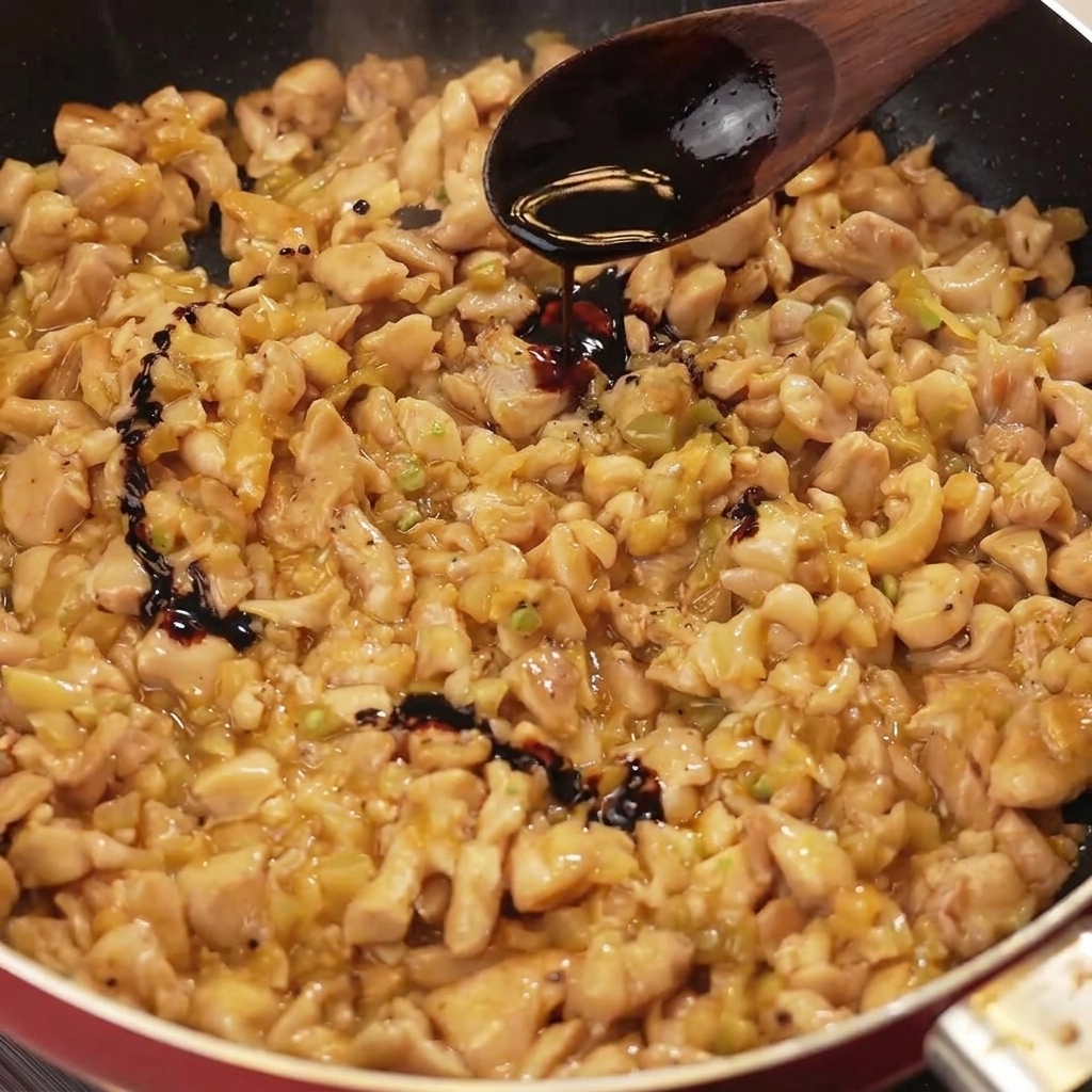 Un cucchiaio di legno che versa salsa di soia scura sopra il pollo saltato e le verdure senapate nella padella.