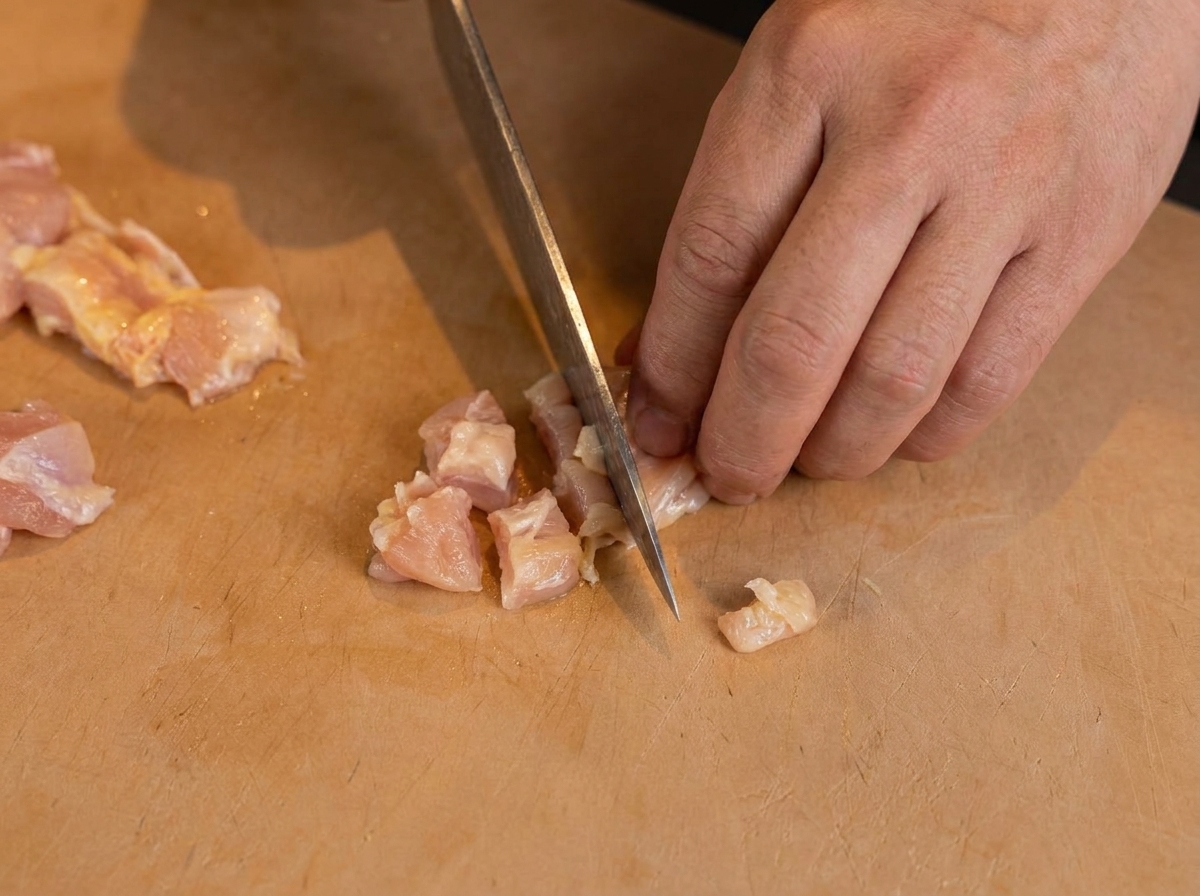 Una mano usa un coltello per tagliare la carne di pollo cruda a piccoli cubetti su un tagliere di legno.