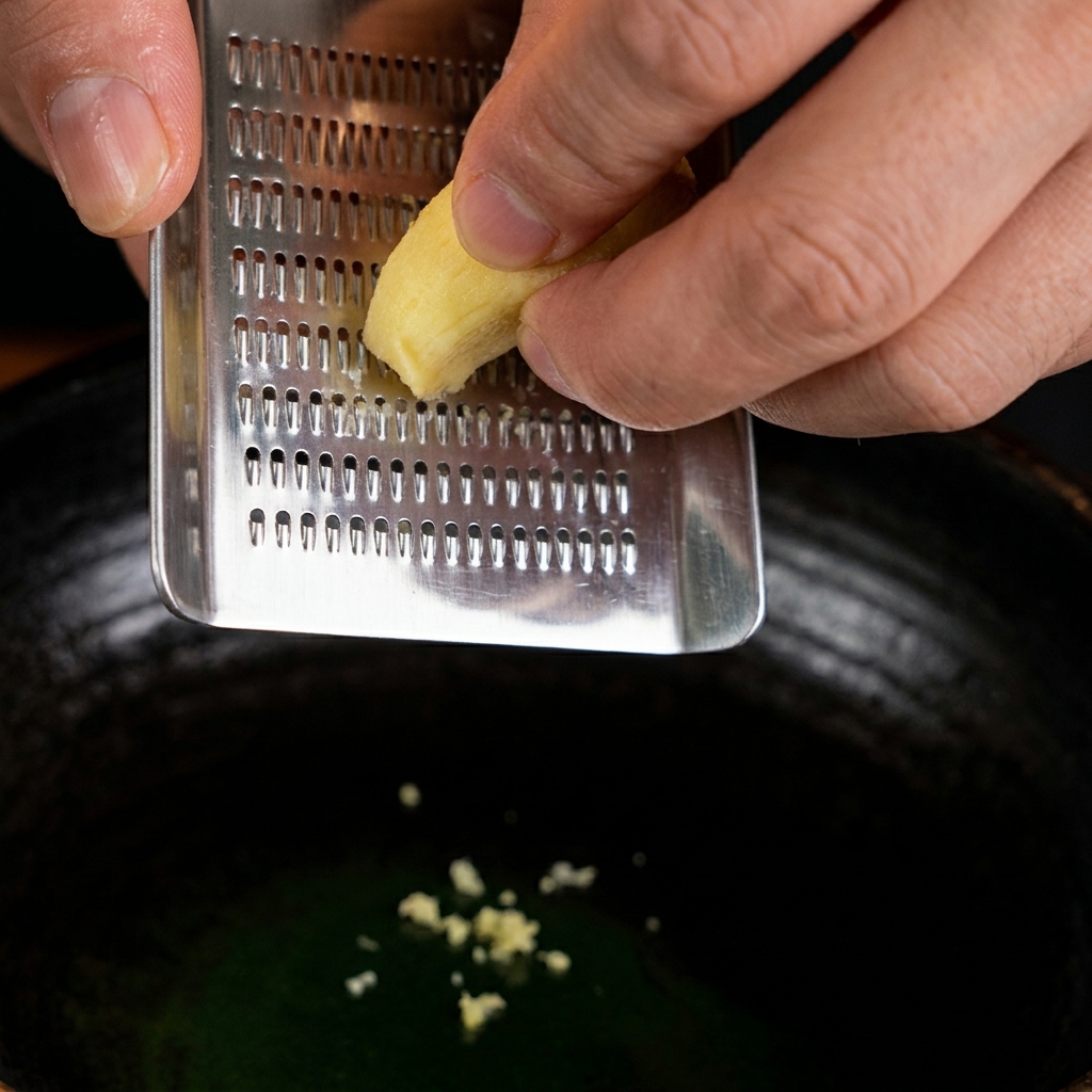 Delle mani sfregano un pezzo di zenzero fresco su una grattugia in acciaio inossidabile.