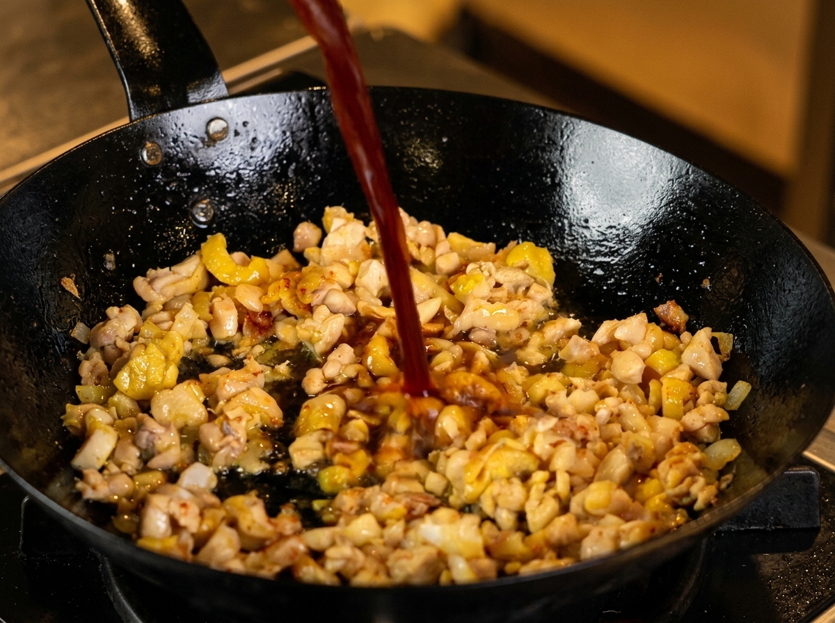Un getto di salsa scura versato in un wok nero che contiene il pollo cotto a dadini.