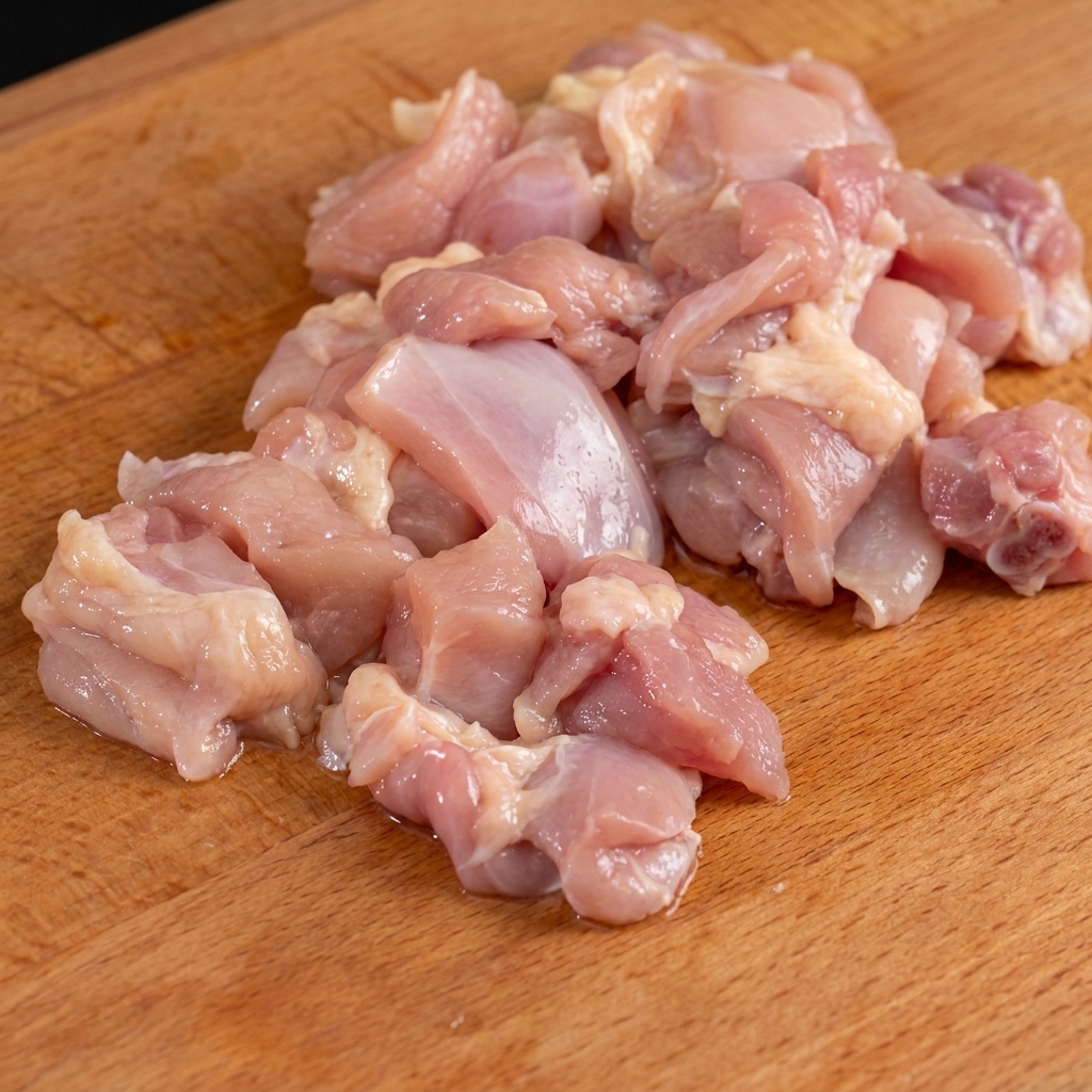 Coscia di pollo fresca tagliata a piccoli pezzi su un tagliere di legno.