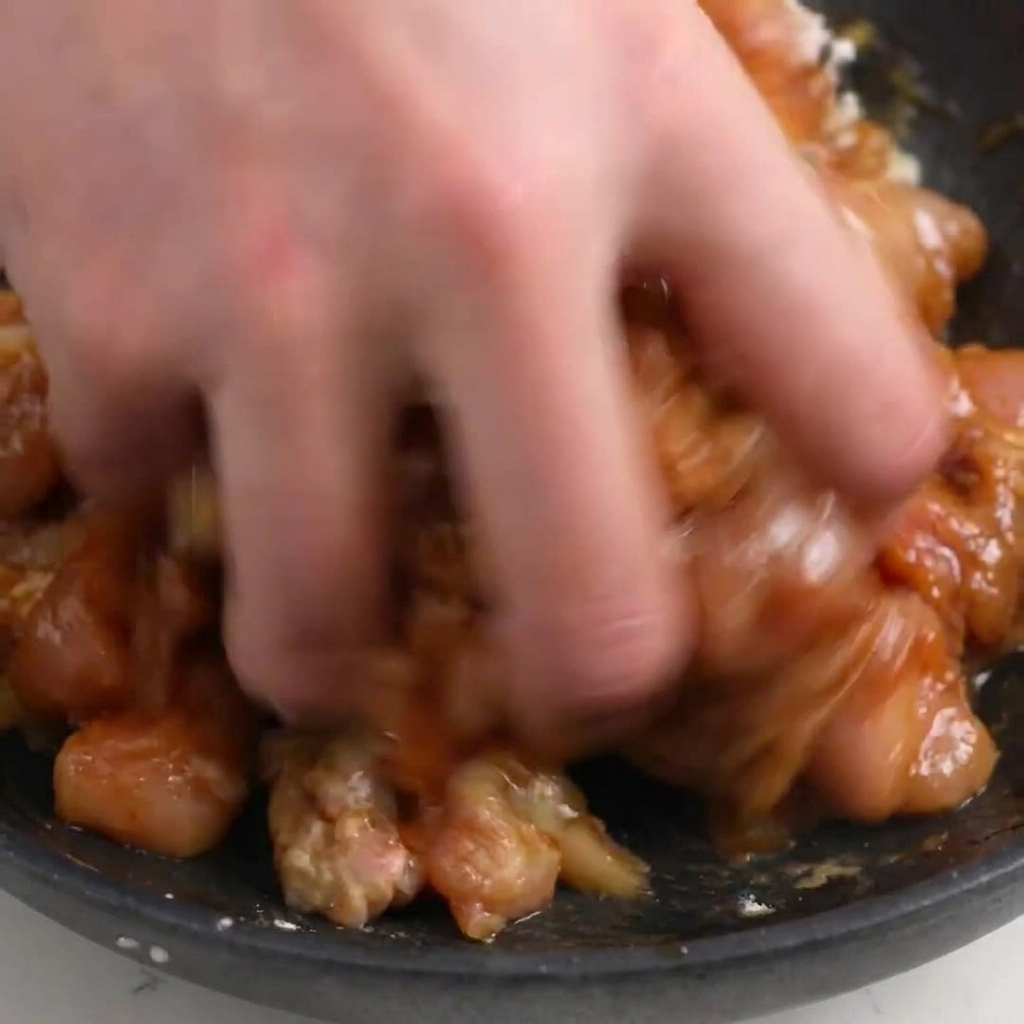 Una mano che mescola il pollo crudo con fecola di mais e condimenti in una ciotola scura.