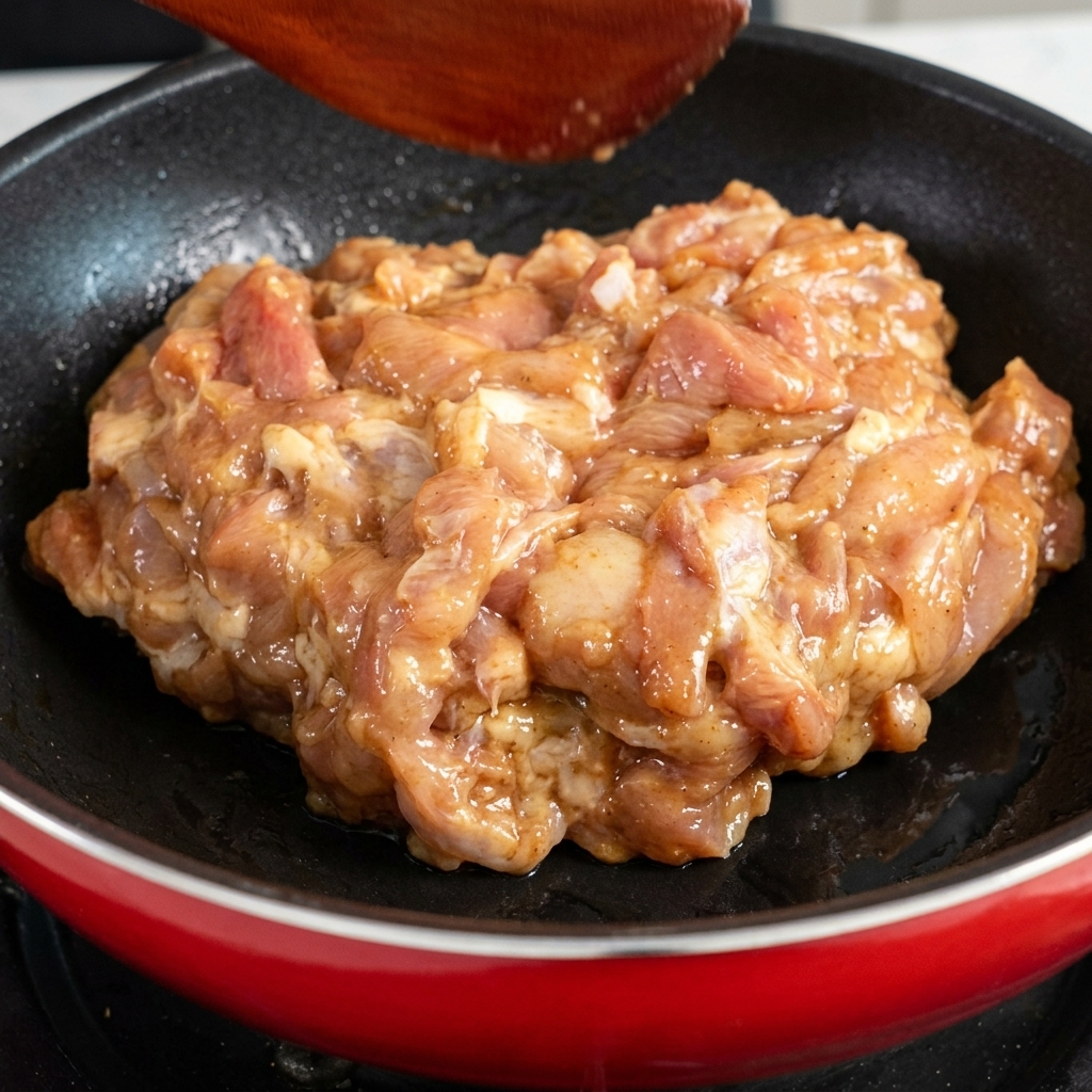 Pezzi di pollo marinati messi in una padella rossa riscaldata.