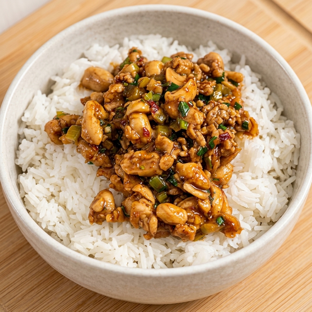 Stir-fry di pollo adagiato su riso bianco in una ciotola di ceramica.