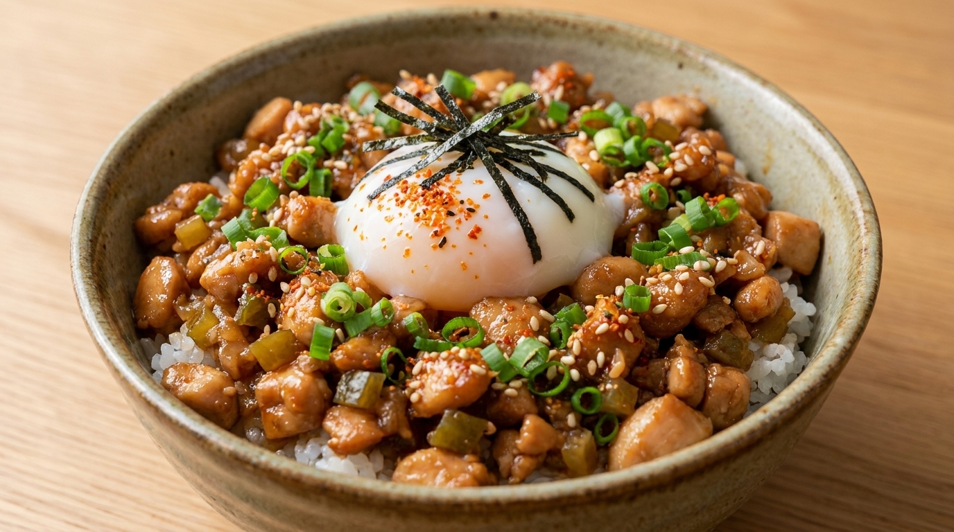 Bowl di riso con pollo tritato e senape in salamoia (Tori Soboro Don)
