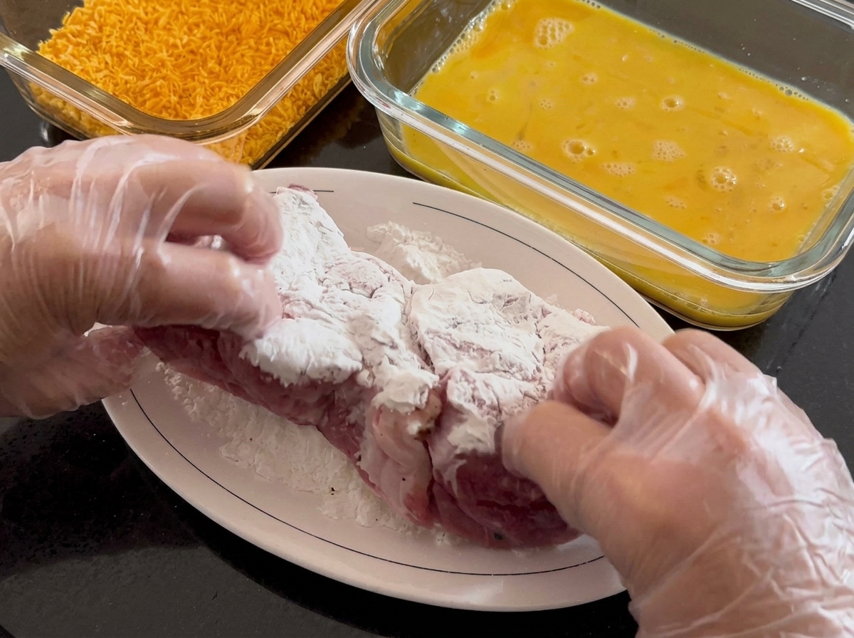Mani con guanti pressano fecola bianca su un pezzo di maiale crudo marinato su un piatto.