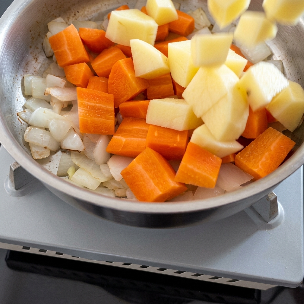 Carote e patate a dadini che cadono in una pentola di metallo per essere saltate con le cipolle.