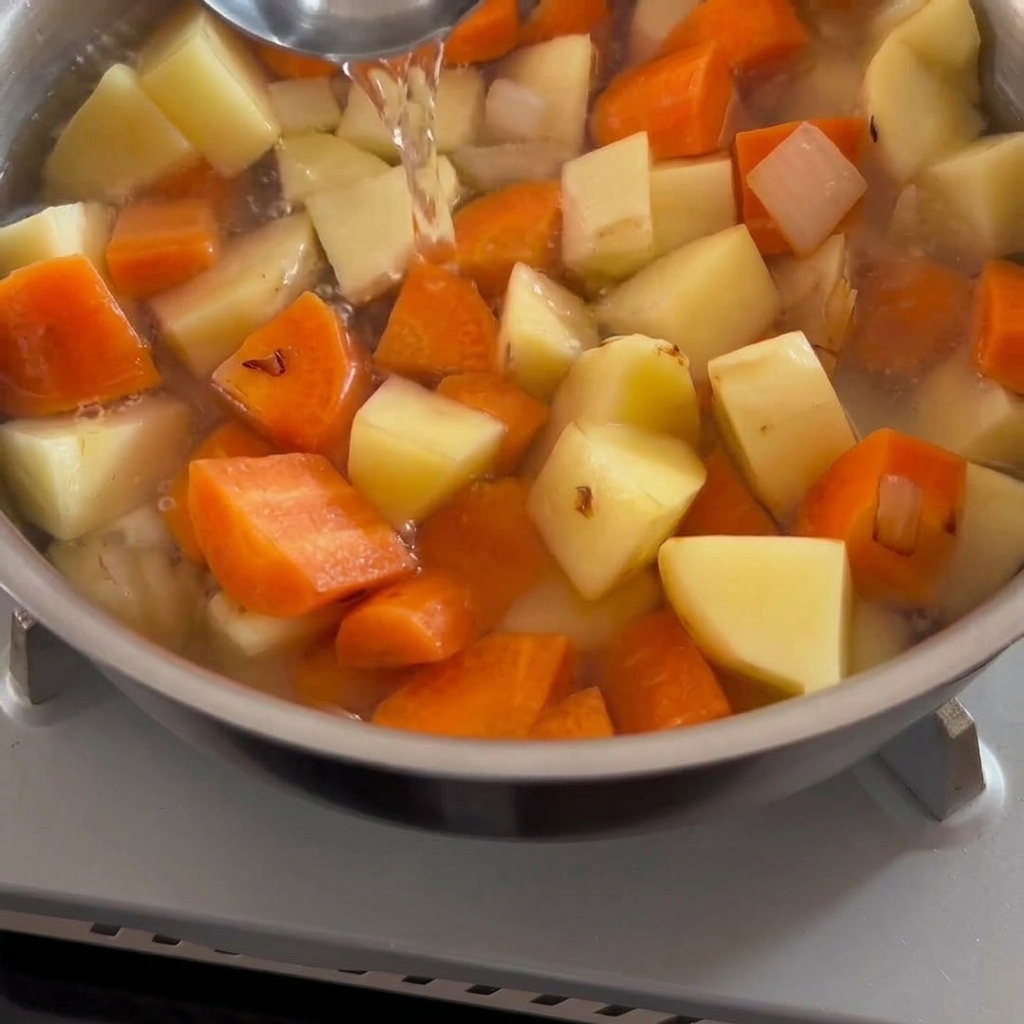 Cubetti di roux di curry solidi versati in una pentola di brodo di verdure che sobbolle.