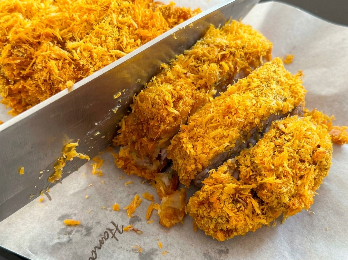 Una cotoletta di maiale impanata dorata e croccante affettata a strisce su carta da forno.