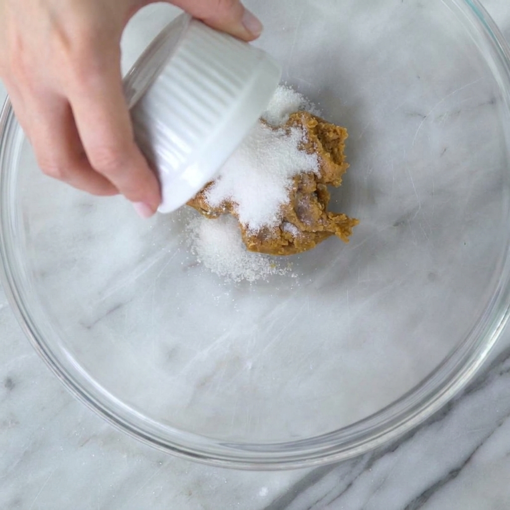 Zucchero bianco semolato versato da una piccola ciotola bianca sulla pasta di miso.