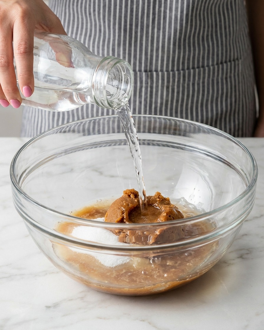 Acqua limpida versata da una caraffa in una ciotola con pasta di miso e zucchero.