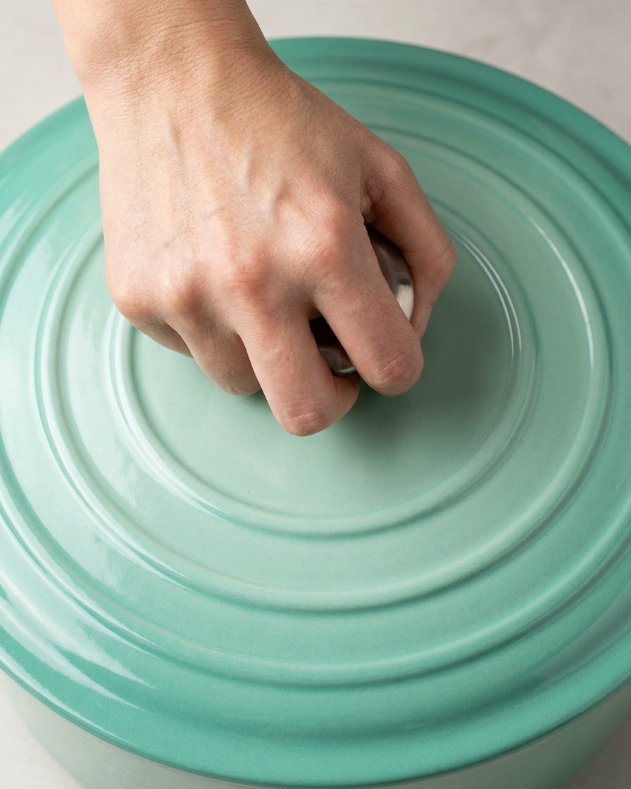 Una mano che mette un coperchio su una pentola di ghisa blu chiaro.