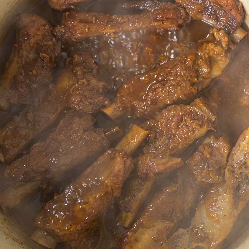 Costine di maiale tenere in una salsa ricca e densa che bolle nella pentola.